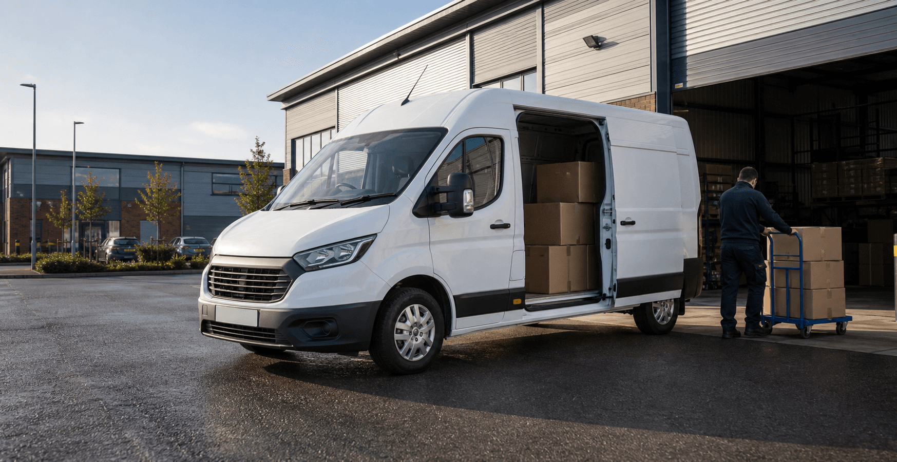 Modern self-drive rental van ready for loading in Leicester